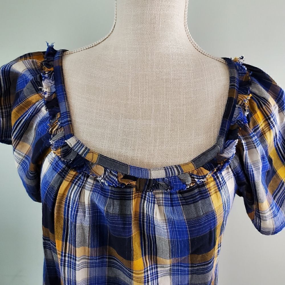 VINCE CAMUTO SUNSET PLAID RUFFLED SQUARE NECK TOP ELECTRIC BLUE SIZE XS - Picture 4 of 6